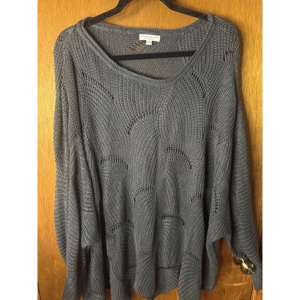 Chic Soul Gray Open Knit Pointelle Oversized Sweater Dolman Sleeve 2X 3X Plus